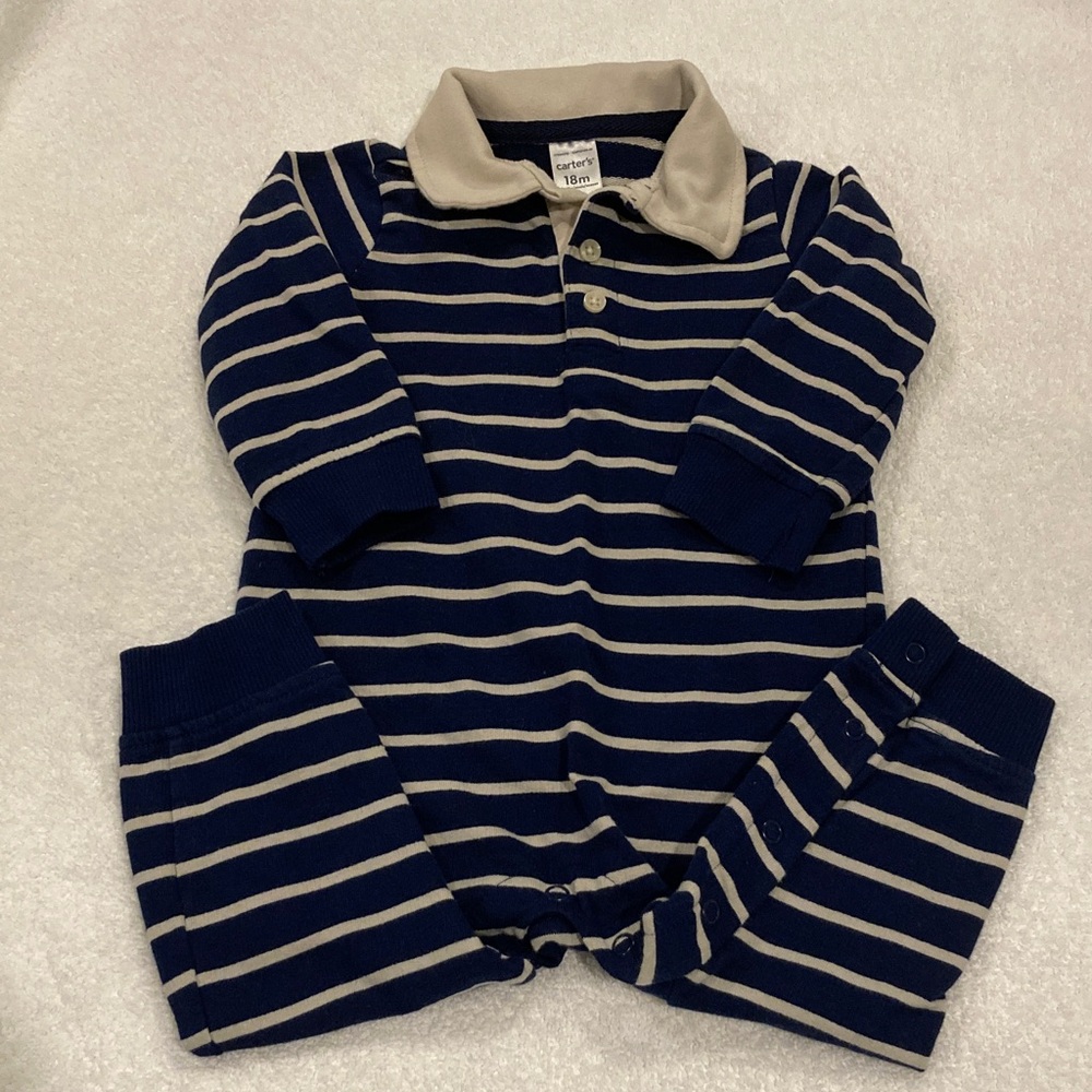 Carter's Navy & Cream Striped Polo One-Piece Cotton Blend